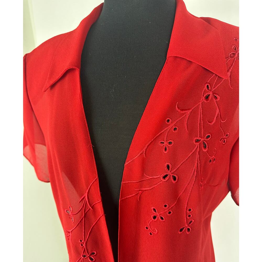Vintage Studio I Sheer Red Embroidered Cardigan Open Front Mesh Blouse Medium 10 - Picture 2 of 8
